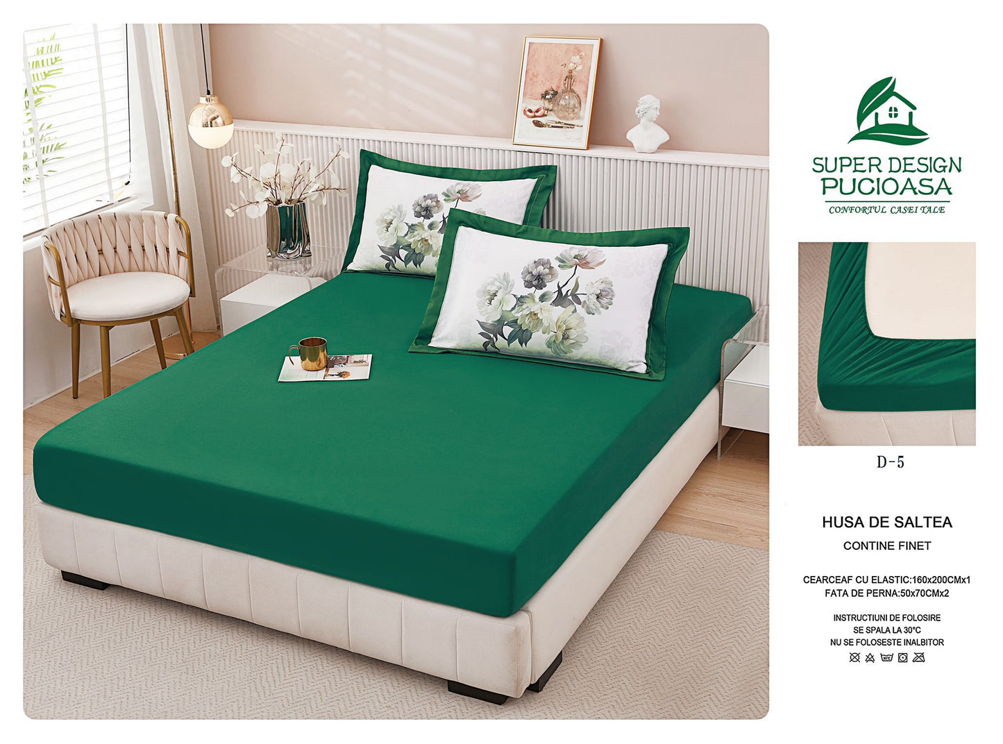 Husa de Pat cu Elastic, din Finet, 160x200cm+2 Fete de Perna, Verde-V10455