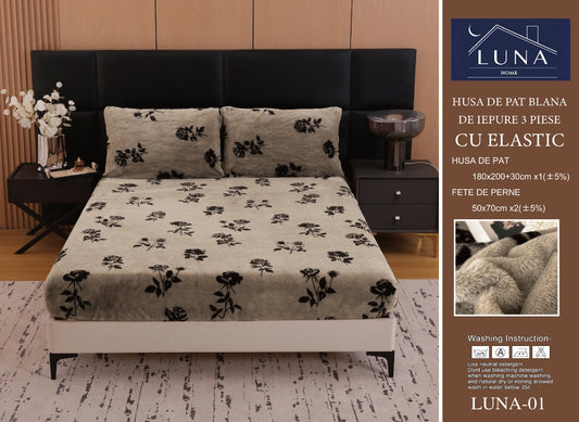 Husa Cocolino cu Elastic din Blanita Artificiala de Iepure, 180x200cm+2 Fete de Perna, Flori-L10139