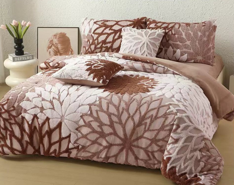 Lenjerie Cocolino Pufoasa, Pat Dublu, cu 6 Piese, Cearceaf Pat Cu Elastic, Flori In Relief-M11513