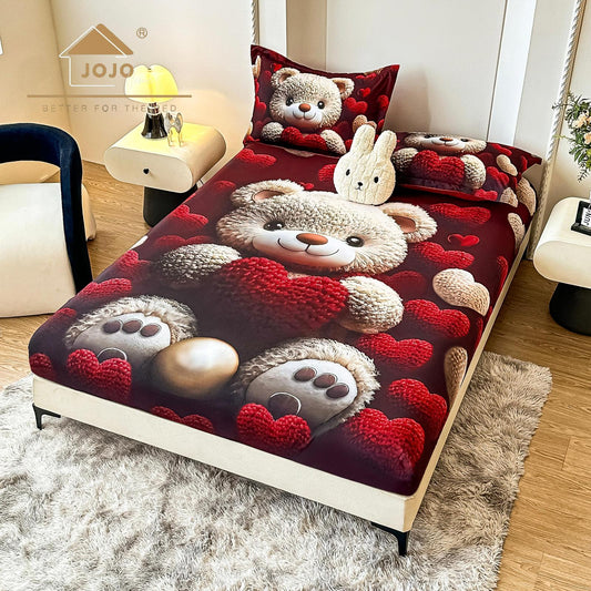 Husa de Pat cu Elastic, din Finet, 160x200cm+2 Fete de Perna, Imprimeu Digital, Ursulet-C10158