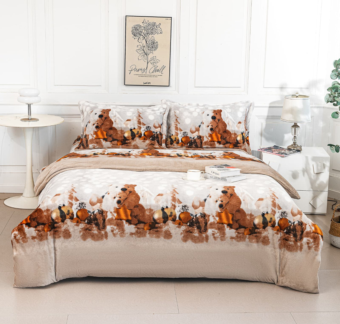 Lenjerie Cocolino 4 Piese cu Elastic, Pat Dublu, Ursuleti/Globuri-A9531