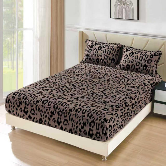 Husa Cocolino Sherpa cu Elastic, 180x200cm+2 Fete de Perna, Cappuccino/Leopard Print-F10346