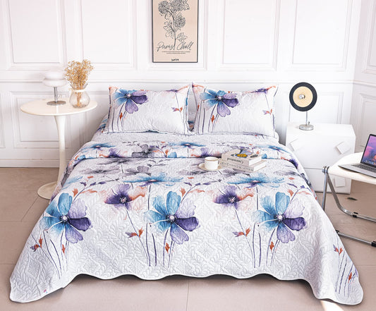 Cuvertura De Pat 3 Piese, din Bumbac Satinat, Floricele-A9846