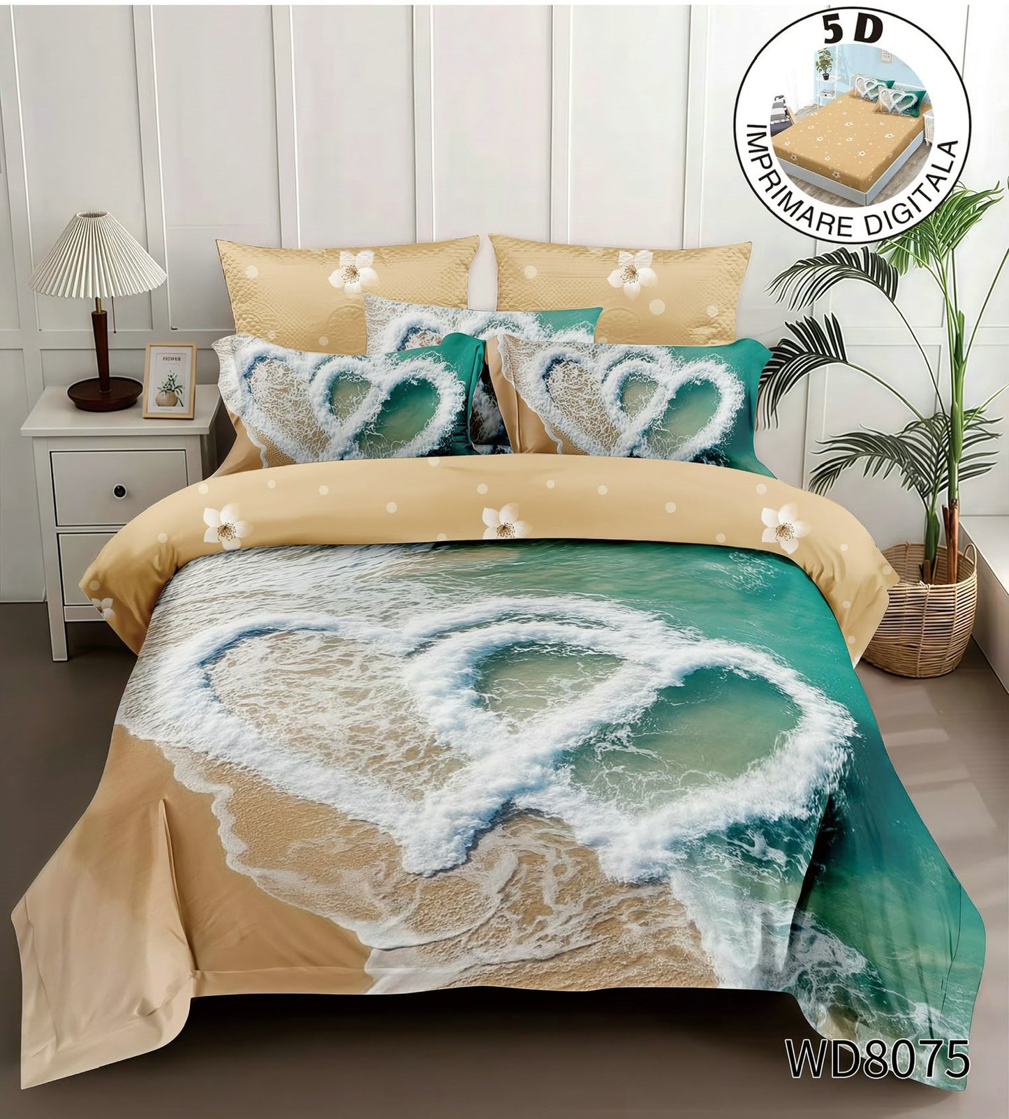 Lenjerie 5D Finet 4 Piese, cu Elastic, Imprimeu Identic cu Poza, Inimi Tropicale-P11260