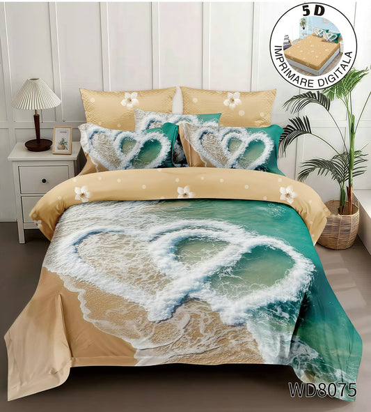 Lenjerie 5D Finet 4 Piese, cu Elastic, Imprimeu Identic cu Poza, Inimi Tropicale-P11260