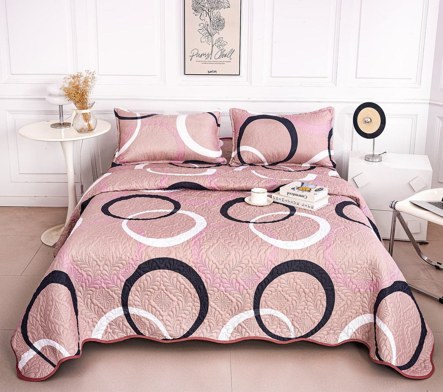 Cuvertura De Pat 3 Piese, din Bumbac Satinat, Cercuri-A9854