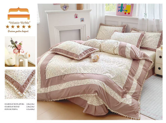 Lenjerie Bumbac Finet Premium 4 Piese cu Volanase, Floricele-M9576