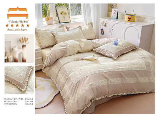 Lenjerie Bumbac Finet Premium 4 Piese cu Volanase, Floricele-M9574