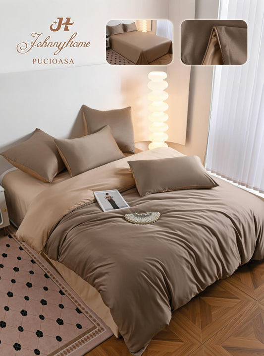 Lenjerie Luxury Pat Dublu, Tip Matase Satinata, 6 Piese, Bej Inchis/Bej Deschis-H9499