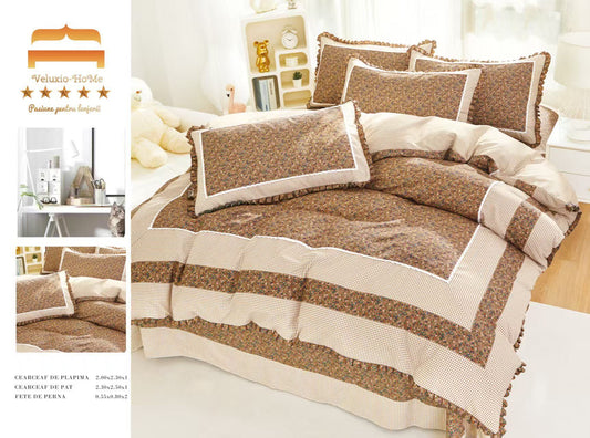 Lenjerie Bumbac Finet Premium 4 Piese cu Volanase, Floricele-M9575