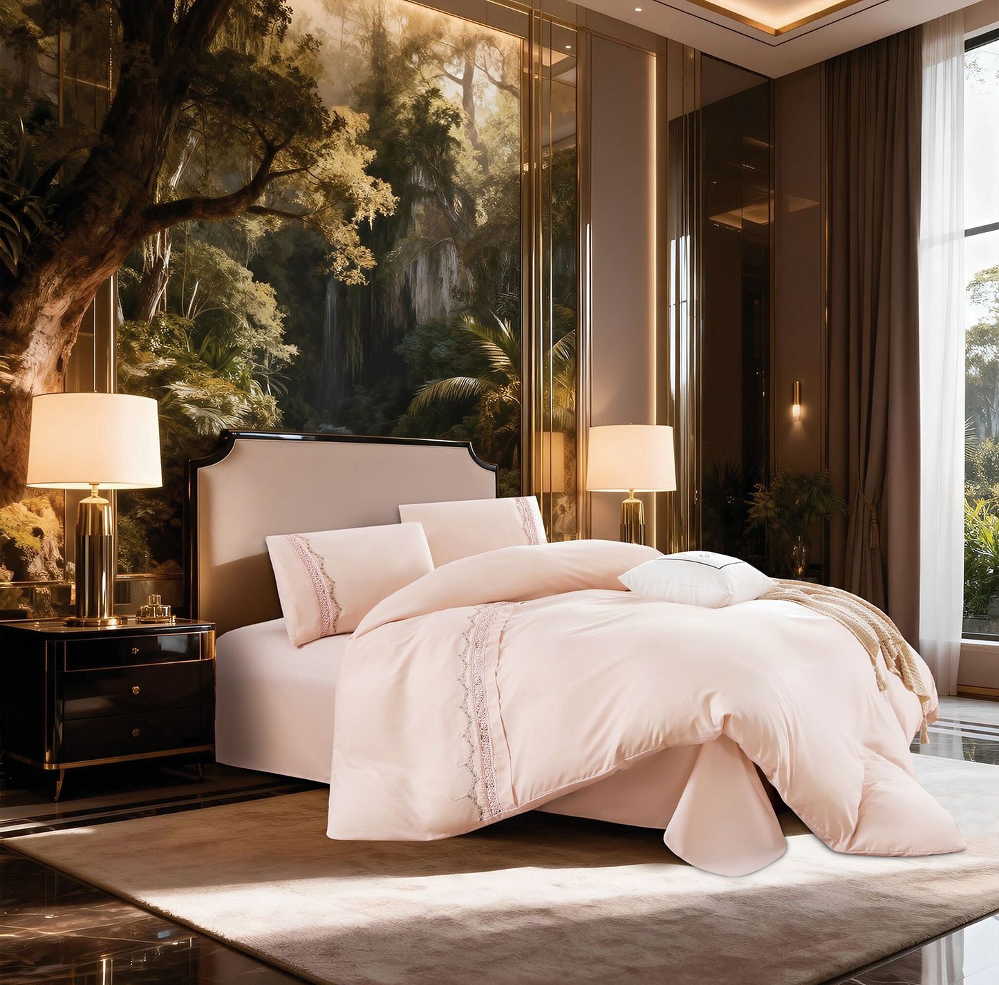 Lenjerie Luxury din Bumbac Finetat Superior, cu Dantela Brodata, 4 Piese, Somon-R10730