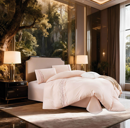 Lenjerie Luxury din Bumbac Finetat Superior, cu Dantela Brodata, 4 Piese, Somon-R10730