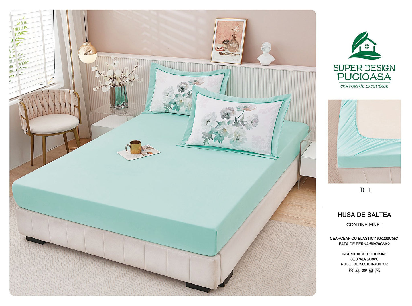 Husa de Pat cu Elastic, din Finet, 160x200cm+2 Fete de Perna, Vernil-V10461
