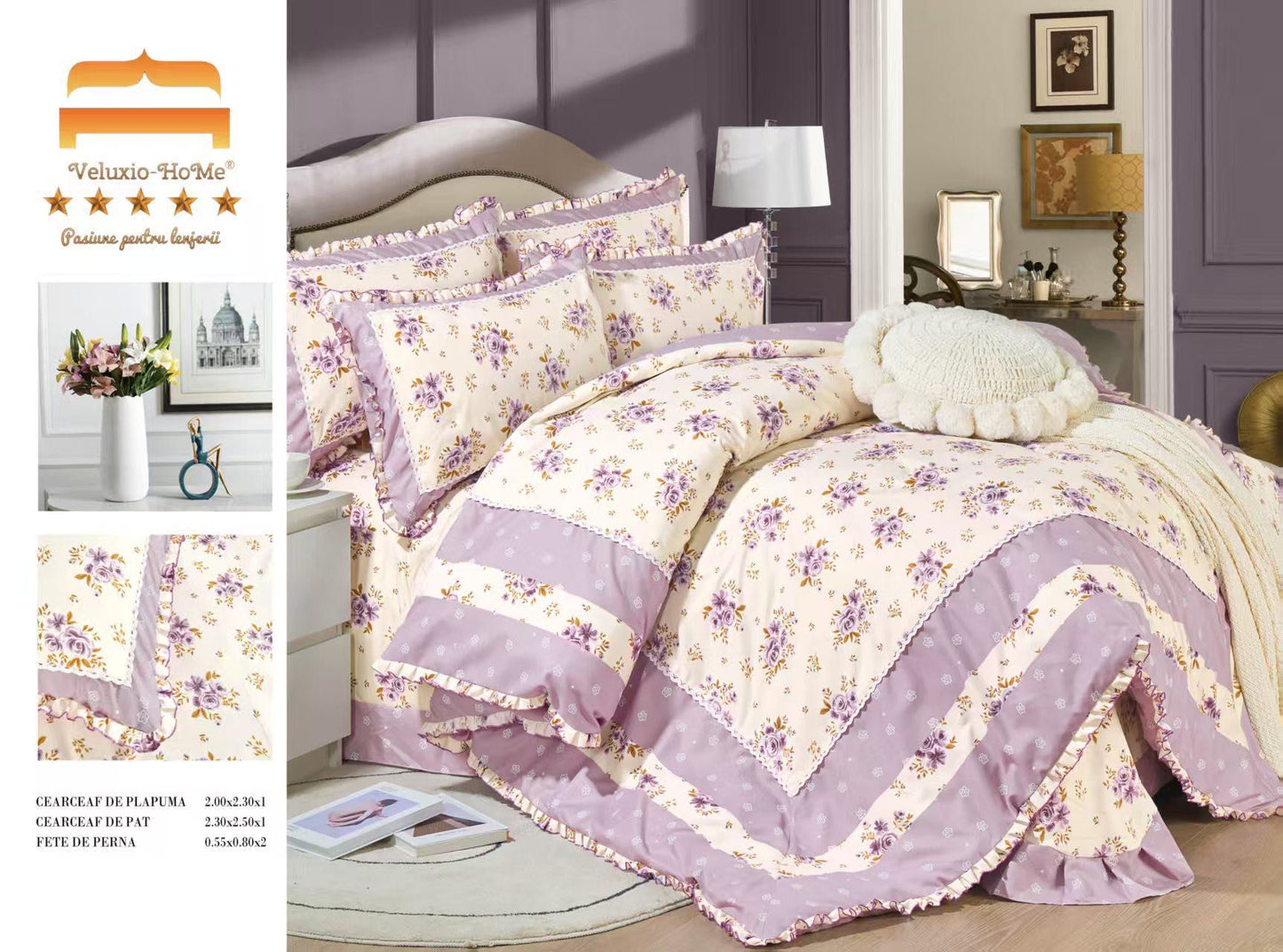 Lenjerie Bumbac Finet Premium 4 Piese cu Volanase, Crem/Lila/Flori-M9567