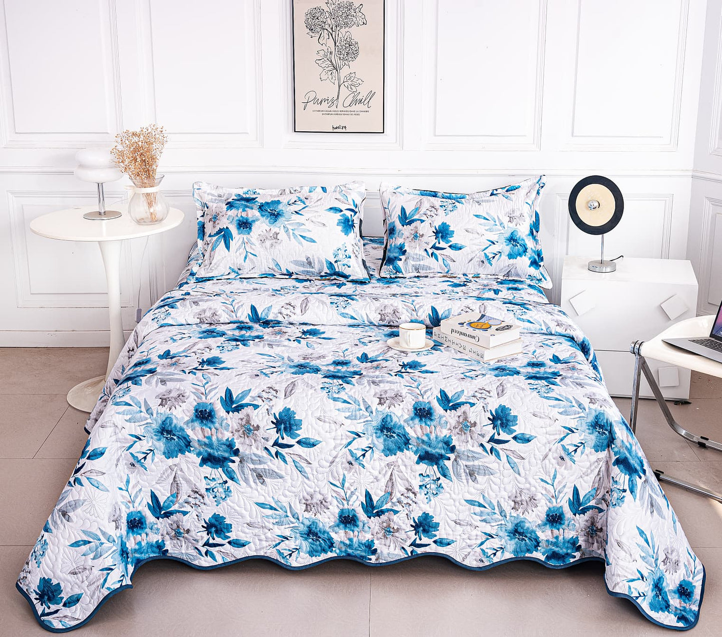 Cuvertura De Pat 3 Piese, din Bumbac Satinat, Floricele-A9848