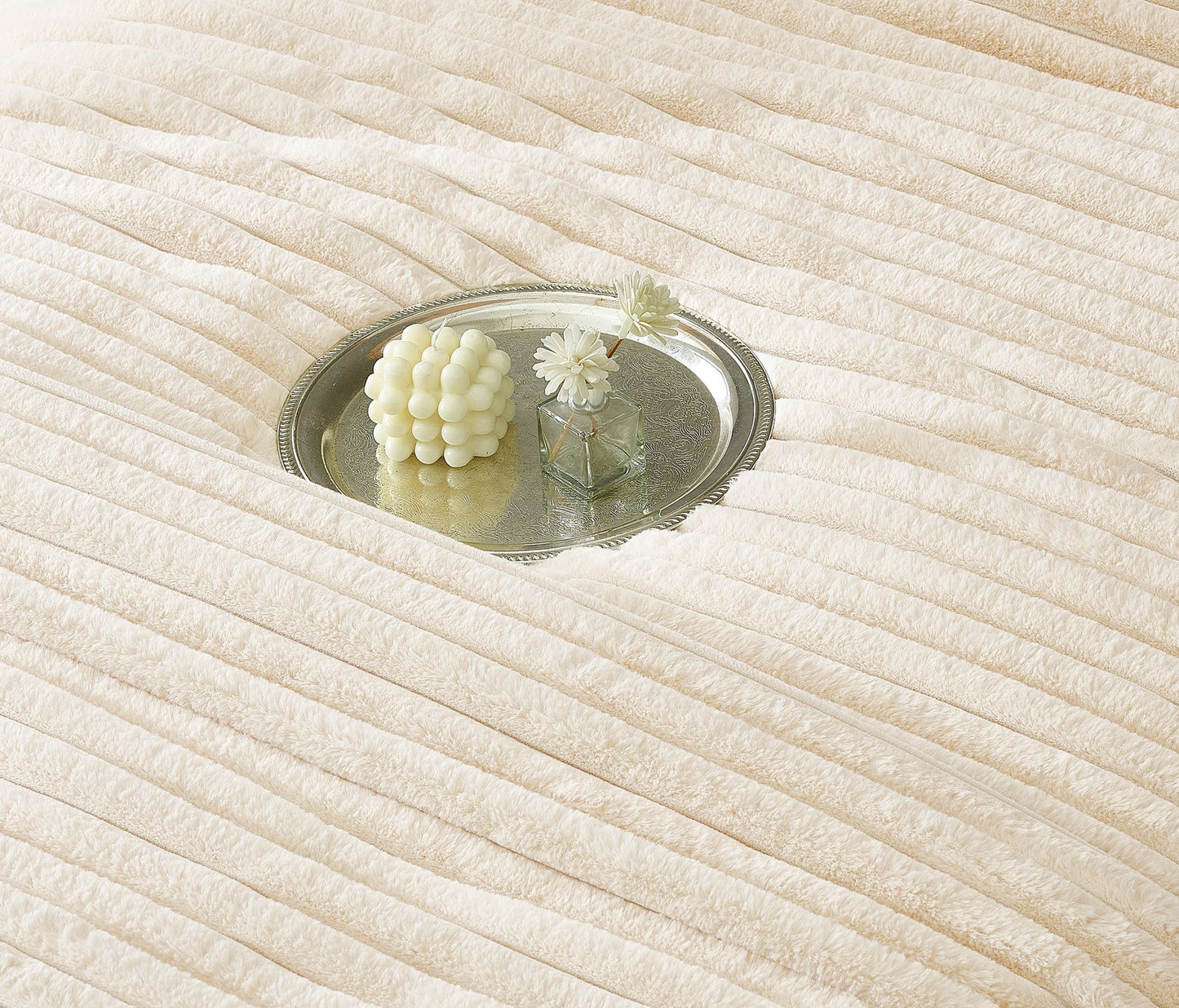 Lenjerie Pat cu Pilota Inclusa, Blanita Iepure Artificiala, Cearceaf de Pat Cu Elastic, 6 Piese, Crem-C9799