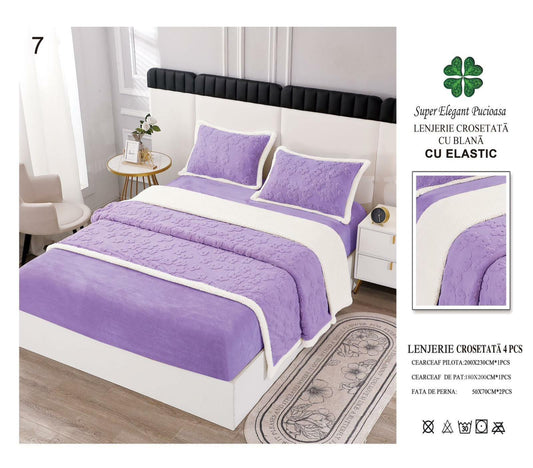 Lenjerie Crosetata Tip Tricotaj, cu Blanita, 4 Piese, cu Elastic, Lila-P9109