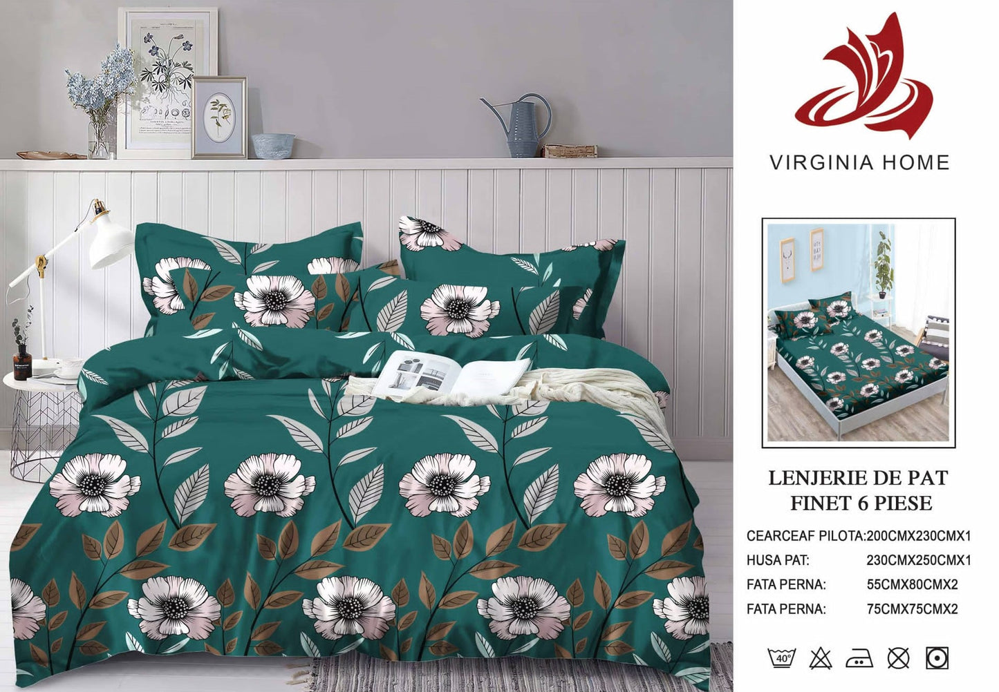 Lenjerie Pat Dublu din Finet, 6 Piese, cu Elastic, Flori-V8910