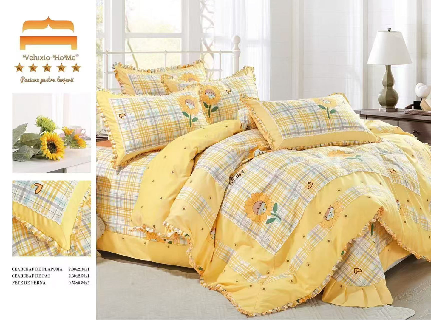 Lenjerie Bumbac Finet Premium 4 Piese cu Volanase, Galben/Floarea Soarelui-M9563