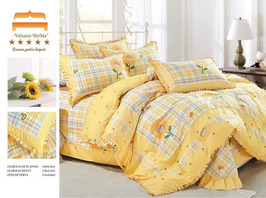 Lenjerie Bumbac Finet Premium 4 Piese cu Volanase, Galben/Floarea Soarelui-M9563