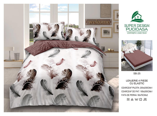 Lenjerie Pat Dublu cu Elastic din Bumbac Satinat Superior cu 4 Piese, Pene-V8753