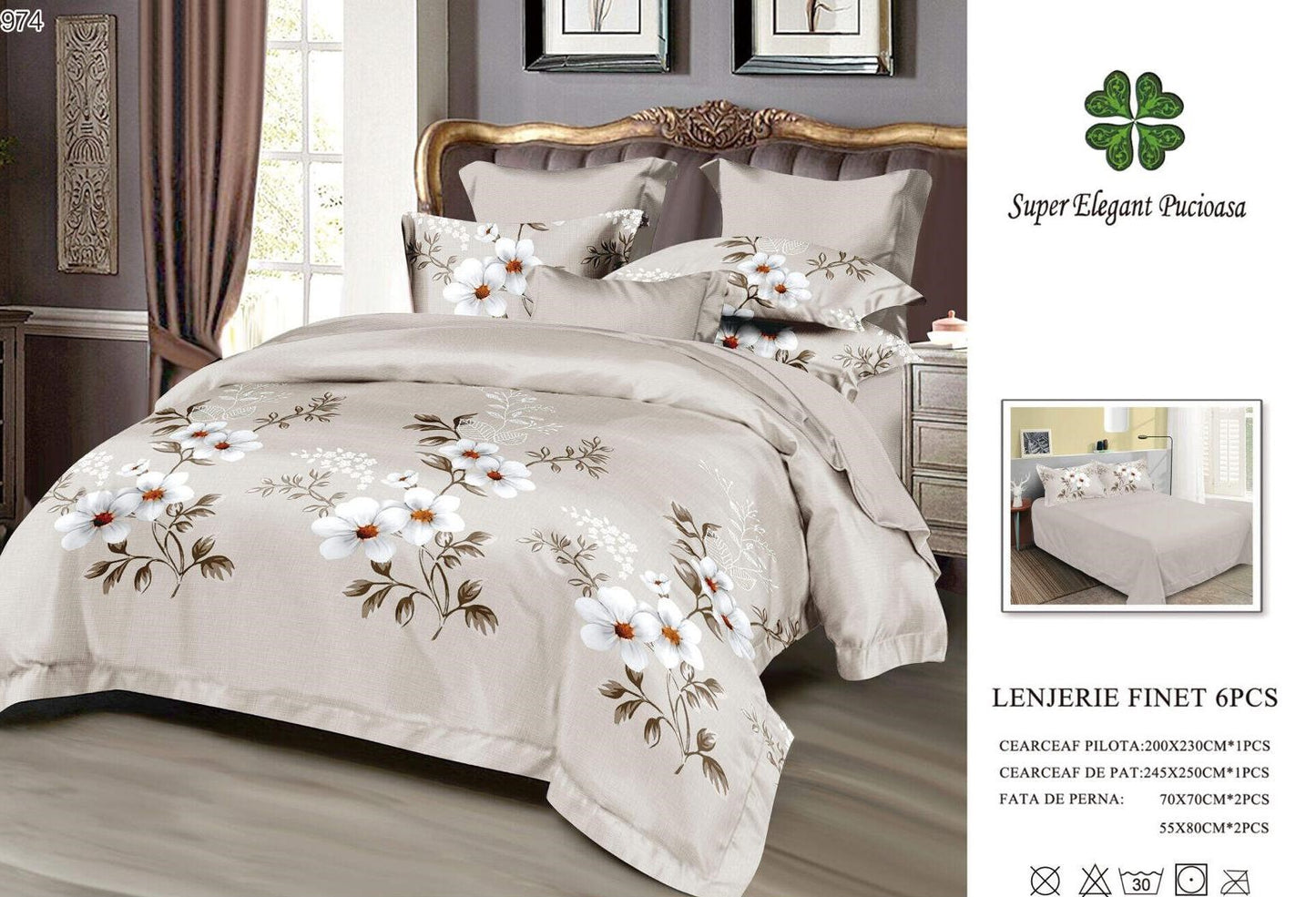 Lenjerie Pat Dublu din Finet, 6 Piese, Bej/Flori-SEP9075