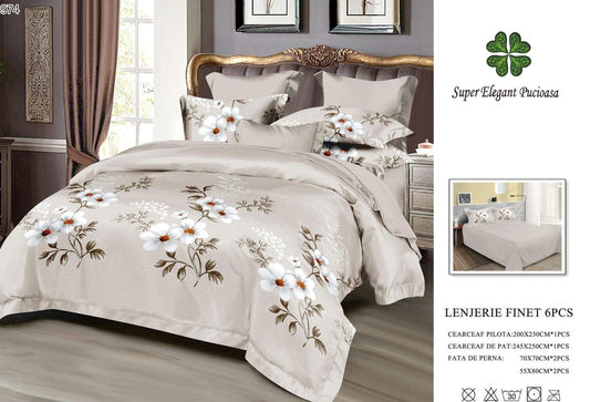 Lenjerie Pat Dublu din Finet, 6 Piese, Bej/Flori-SEP9075