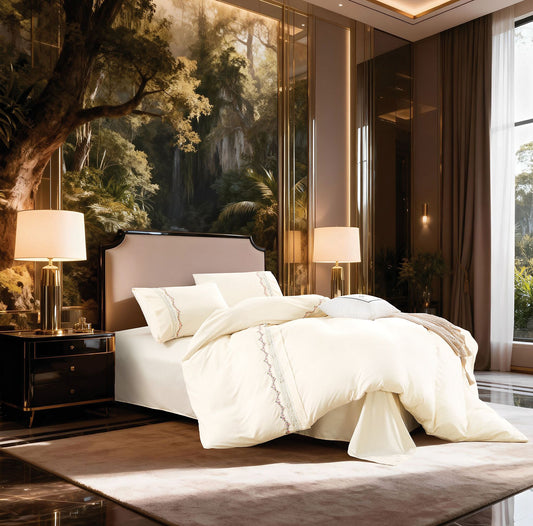 Lenjerie Luxury din Bumbac Finetat Superior, cu Dantela Brodata, 4 Piese, Crem-R10728