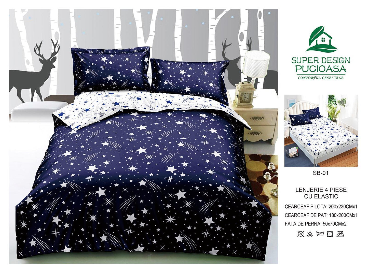 Lenjerie Pat Dublu cu Elastic din Bumbac Satinat Superior cu 4 Piese, Stele-V8752