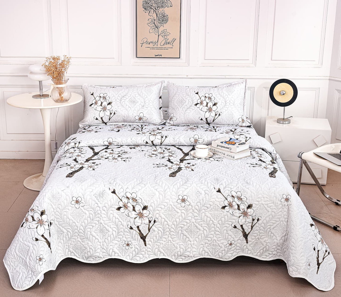 Cuvertura De Pat 3 Piese, din Bumbac Satinat, Floricele-A5925