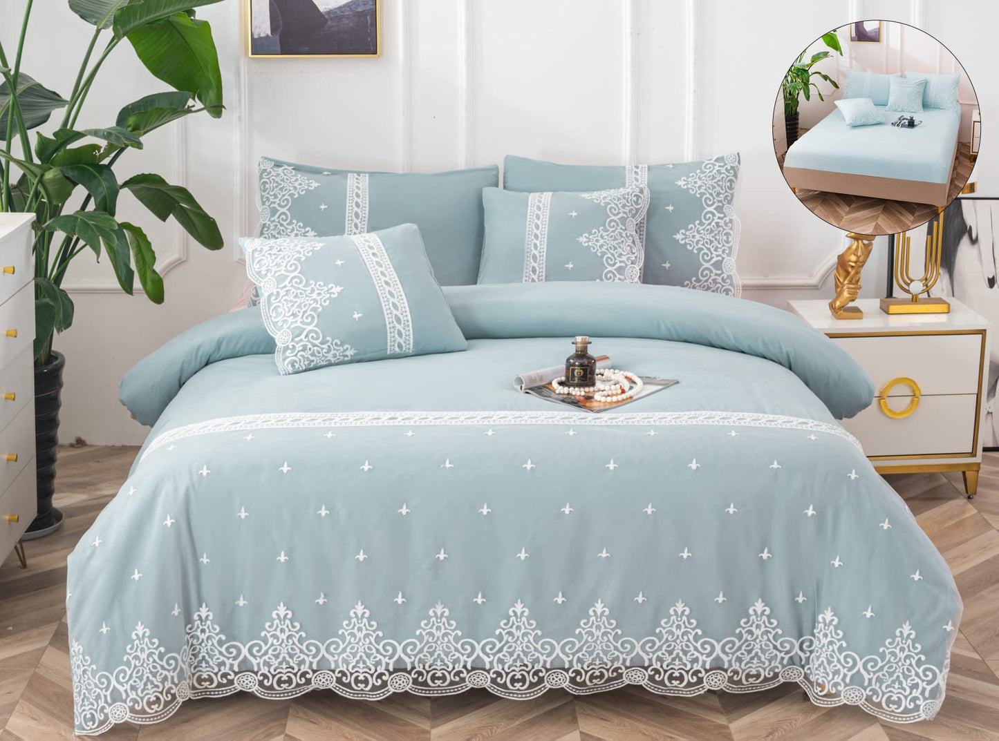 Lenjerie Pat Dublu cu Elastic si Dantela, din Bumbac Neted, cu 6 Piese, Bleu-A11148