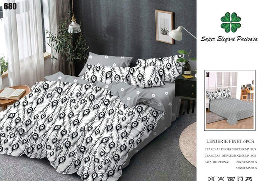 Lenjerie Pat Dublu din Finet, 6 Piese, Pene de Paun-SEP9089