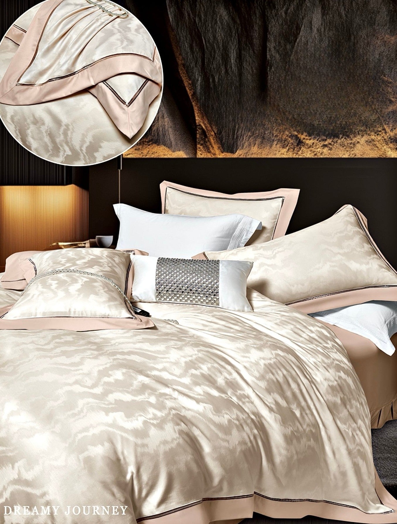 Lenjerie Luxury din Bumbac Satinat Premium, 4 Piese, Bej/Valuri-CF10304