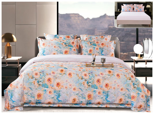 Lenjerie Pat Dublu din Satin de Lux, 6 Piese, cu Elastic, Floral Artistic-P8210