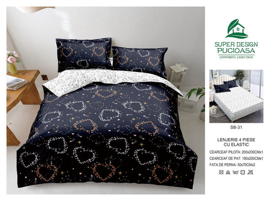 Lenjerie Pat Dublu cu Elastic din Bumbac Satinat Superior cu 4 Piese, Inimioare-V8747