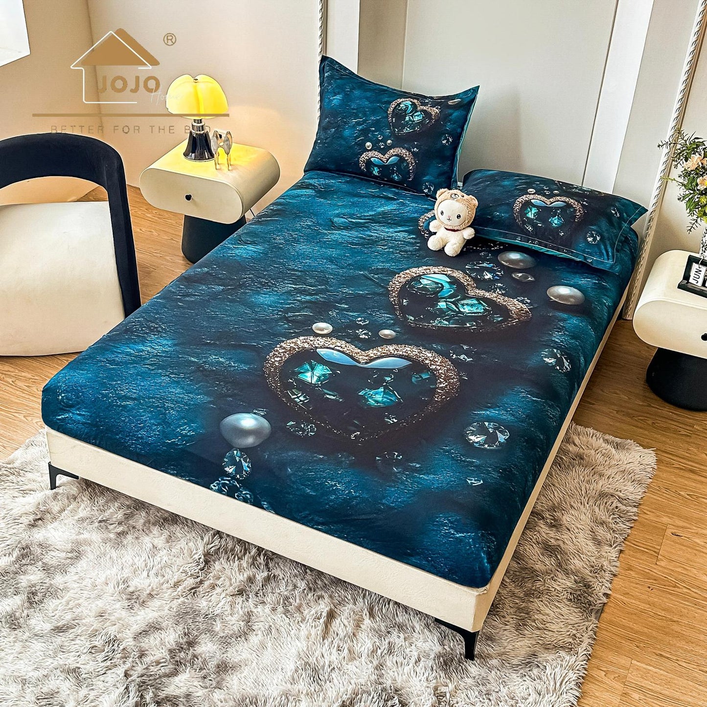 Husa de Pat cu Elastic, din Finet, 160x200cm+2 Fete de Perna, Imprimeu Digital, Inimioare-C10170