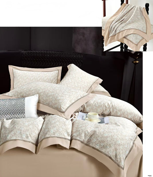 Lenjerie Luxury din Bumbac Satinat Premium, 4 Piese, Bej/Floricele-CF10289