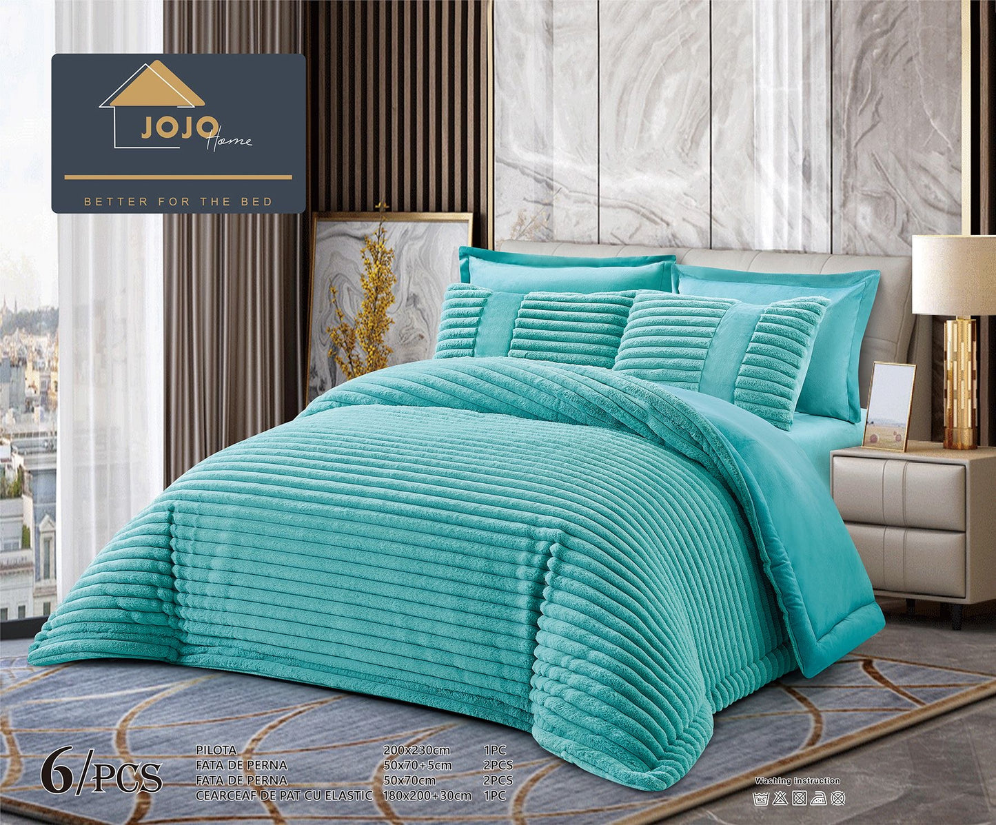 Lenjerie Pat cu Pilota Inclusa, Blanita Iepure Artificiala, Cearceaf de Pat Cu Elastic, 6 Piese, Turcoaz-C9803