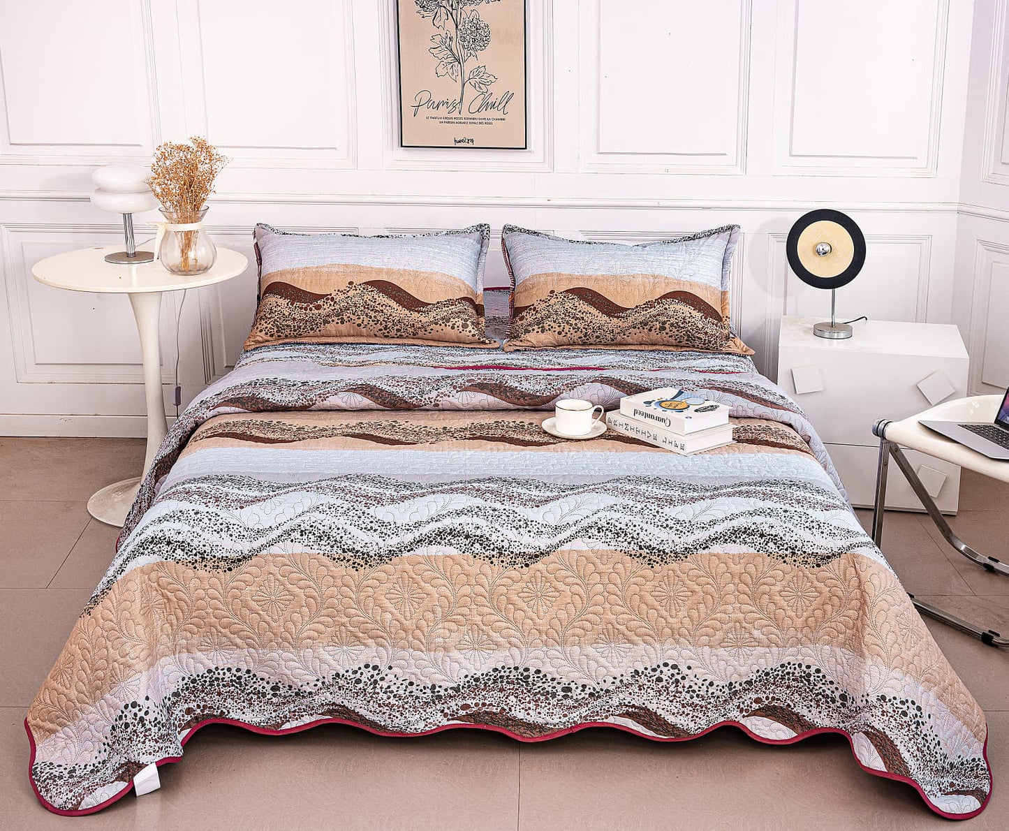 Cuvertura De Pat 3 Piese, din Bumbac Satinat, Valuri-A9840