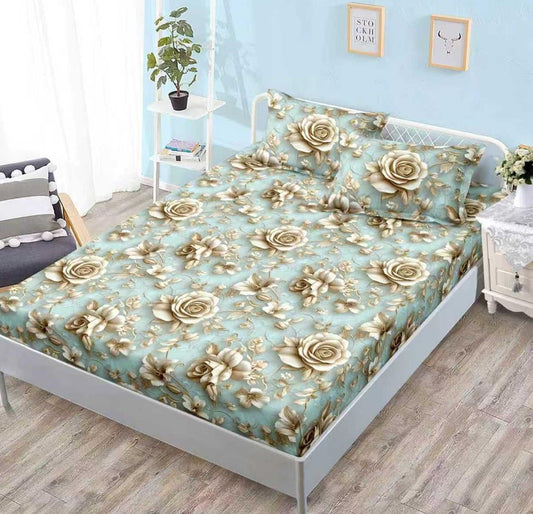 Husa de Pat cu Elastic, din Finet, 160x200cm+2 Fete de Perna, Flori-V10760