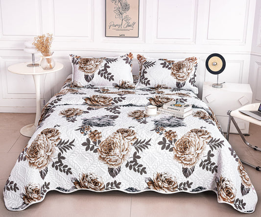 Cuvertura De Pat 3 Piese, din Bumbac Satinat, Floricele-A9849