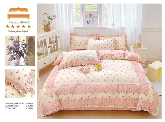 Lenjerie Bumbac Finet Premium 4 Piese cu Volanase, Crem/Roz/Lalele-M9569