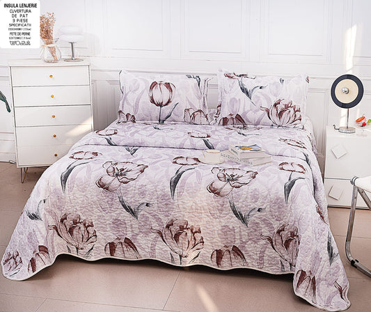 Cuvertura De Pat 3 Piese, din Bumbac Satinat, Flori-A9842
