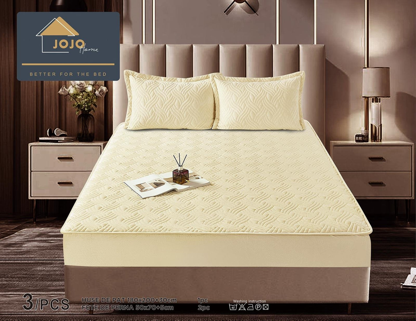 Husa matlasata tip topper din catifea,180x200cm+2 fete de perna 50x70cm, Crem