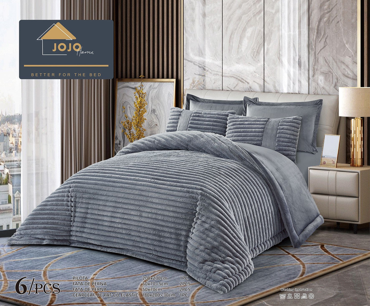 Lenjerie Pat cu Pilota Inclusa, Blanita Iepure Artificiala, Cearceaf de Pat Cu Elastic, 6 Piese, Gri Închis-C9804