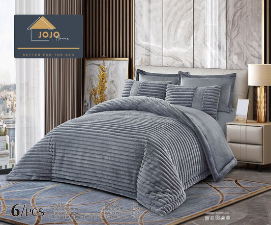 Lenjerie Pat cu Pilota Inclusa, Blanita Iepure Artificiala, Cearceaf de Pat Cu Elastic, 6 Piese, Gri Închis-C9804