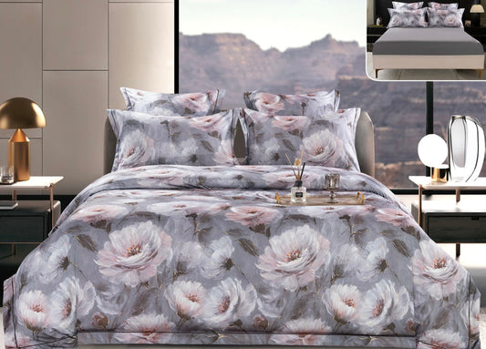 Lenjerie Premium Luxury, Pat Dublu, Satin Gros, 6 Piese cu Elastic, Flori-A10056