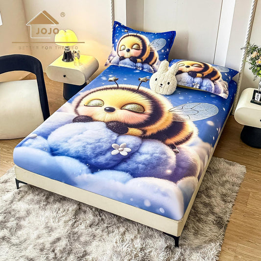 Husa de Pat cu Elastic, din Finet, 160x200cm+2 Fete de Perna, Imprimeu Digital, Albinuta-C10160