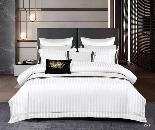 Lenjerie Bumbac Damasc Deluxe, 6 Piese cu Elastic, Alb-V10470