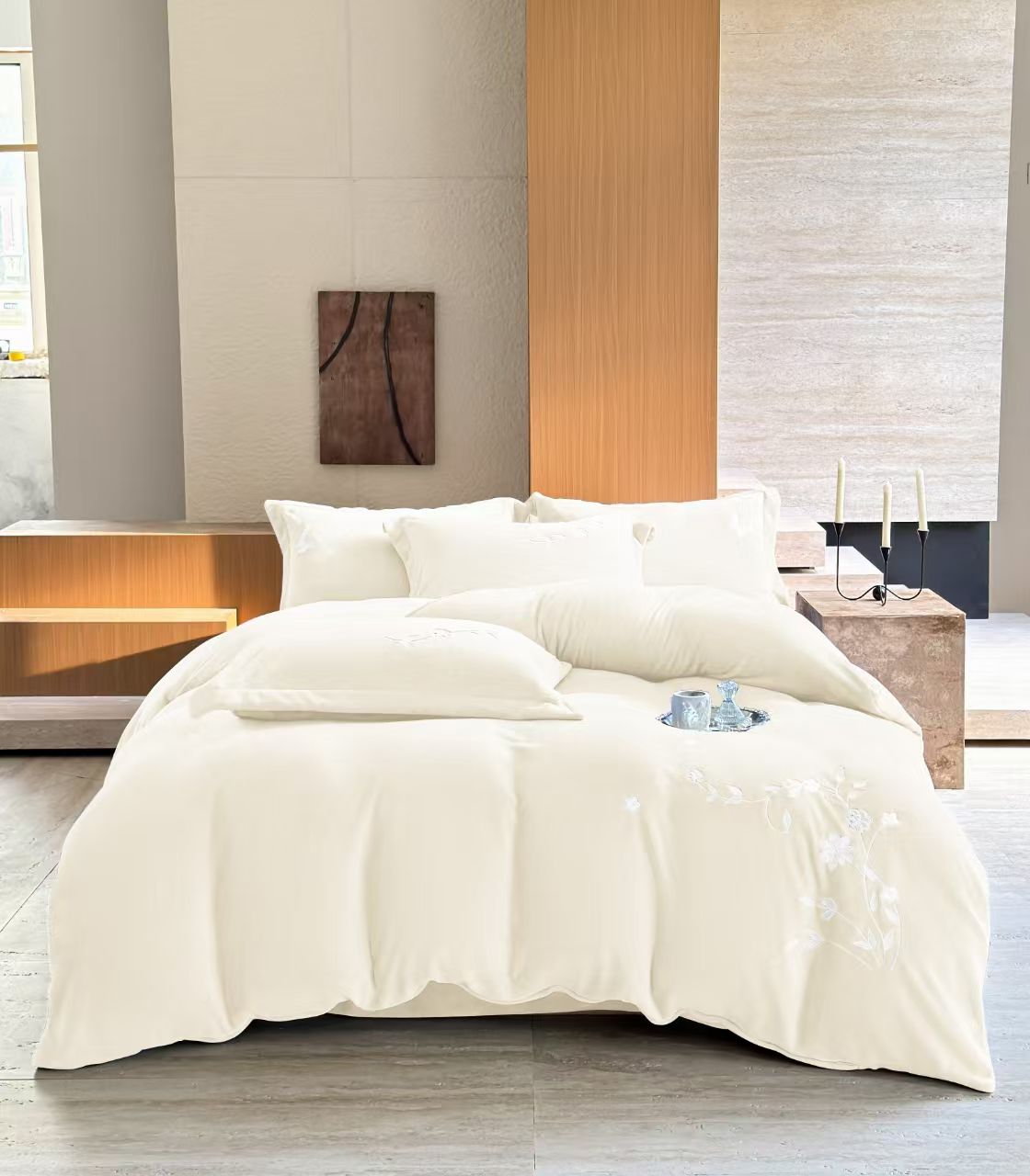 Lenjerie Pat Dublu, Luxury, Cocolino, 4 Piese, Floricele Brodate, Crem-S10099